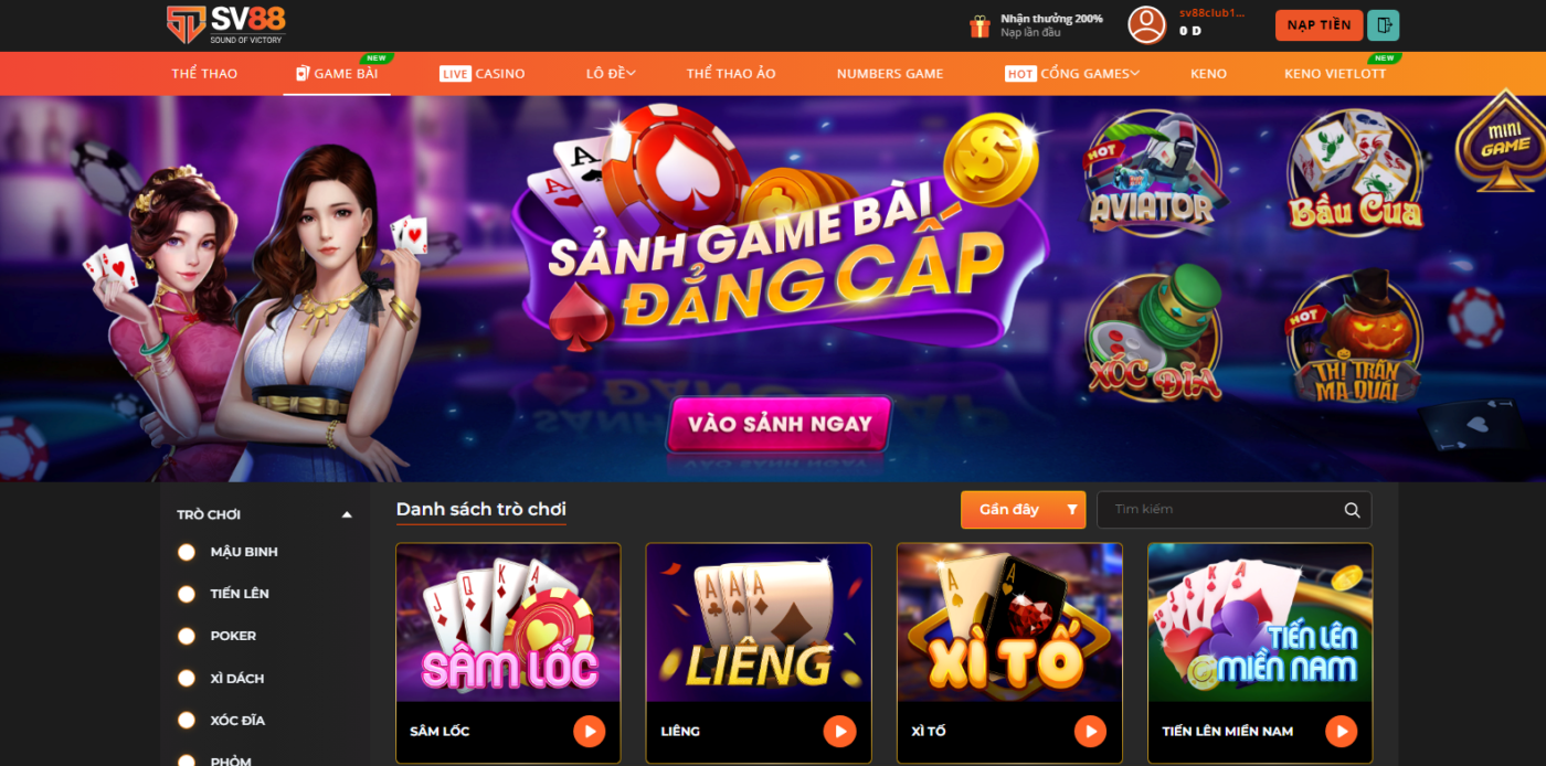 Sảnh game bài Sv88 đẳng cấp hiện nay